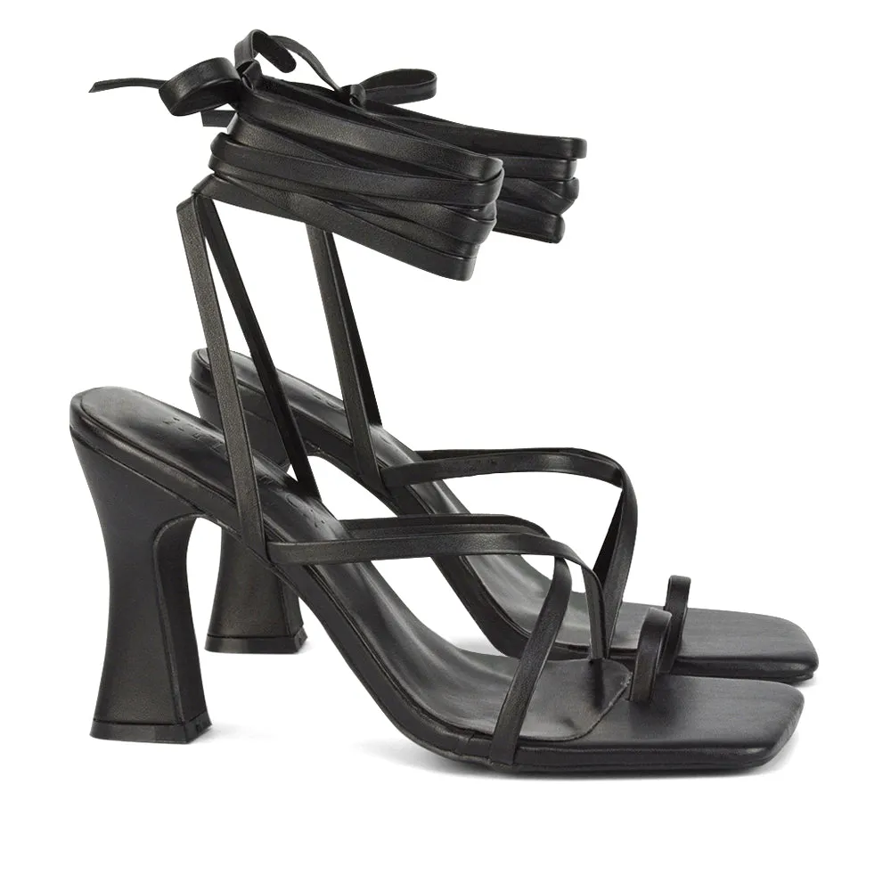 Dylan Square Toe Lace up Strappy Block High Heel Sandals in Pink Synthetic Leather