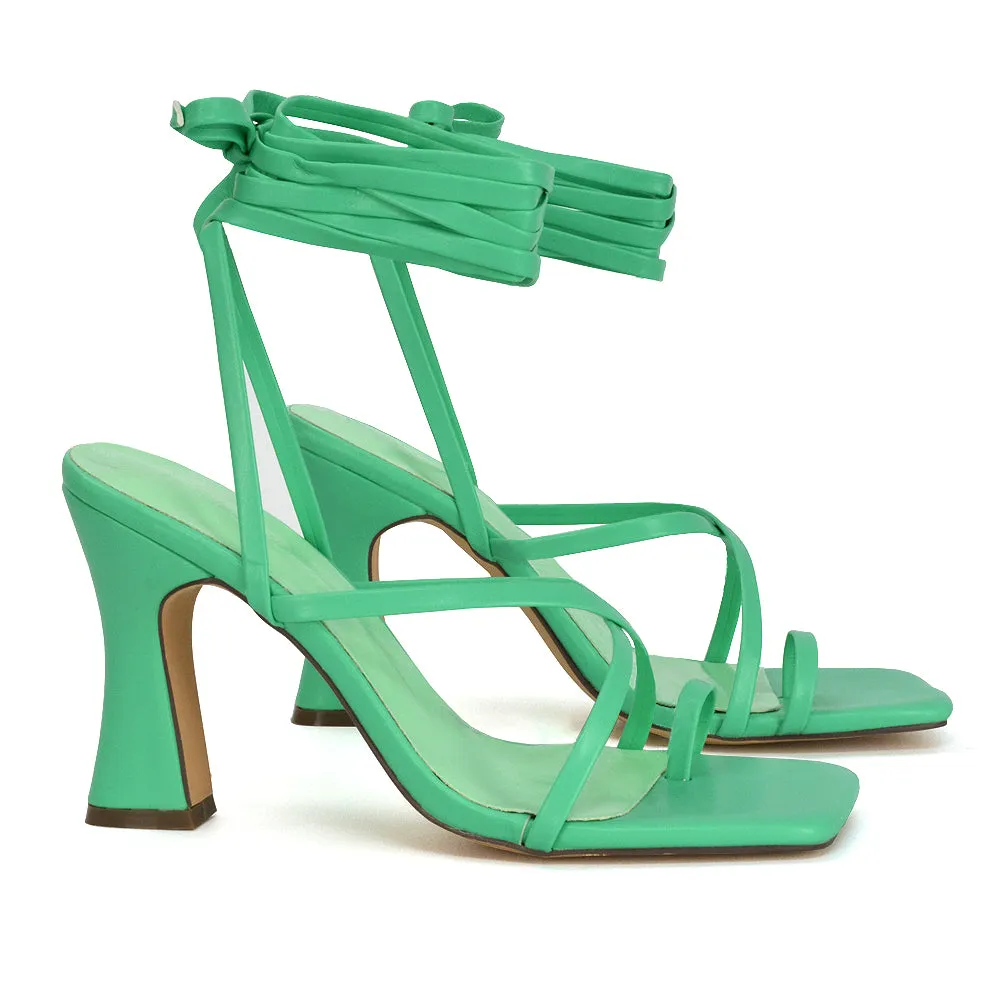 Dylan Square Toe Lace up Strappy Block High Heel Sandals in Pink Synthetic Leather