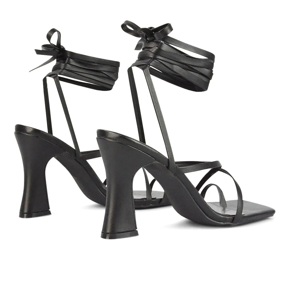 Dylan Square Toe Lace up Strappy Block High Heel Sandals in Pink Synthetic Leather