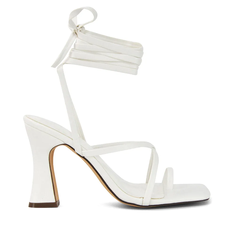 Dylan Square Toe Lace up Strappy Block High Heel Sandals in Pink Synthetic Leather