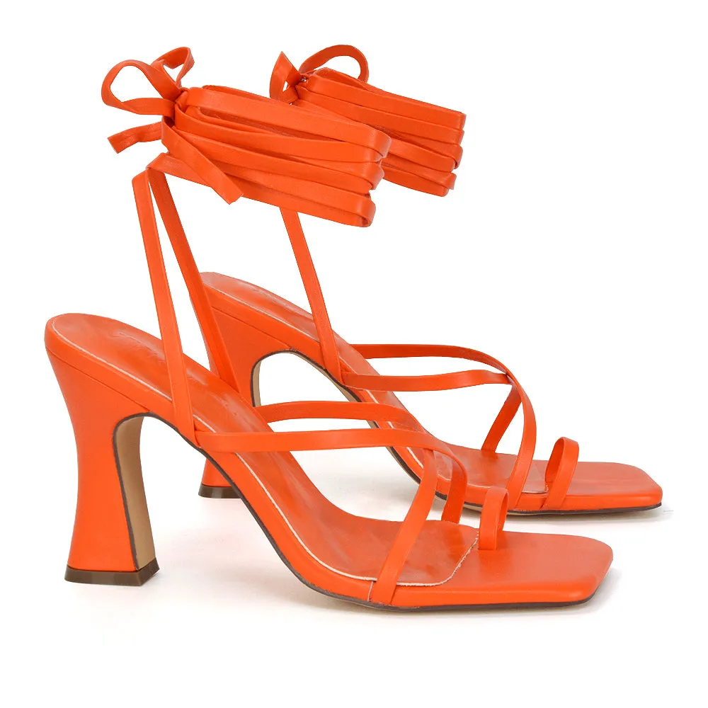 Dylan Square Toe Lace up Strappy Block High Heel Sandals in Pink Synthetic Leather