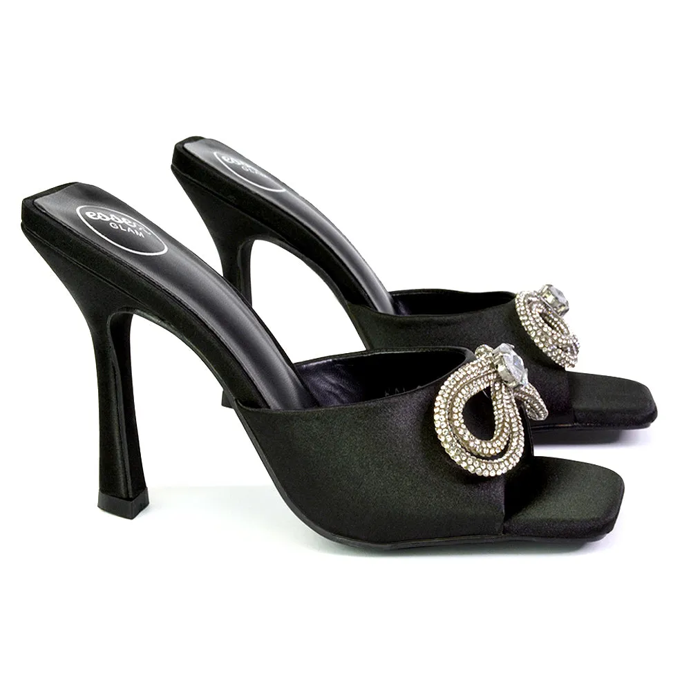 Elsa Diamante Bow Square Toe Stiletto High Heeled Mule Sandals in Black