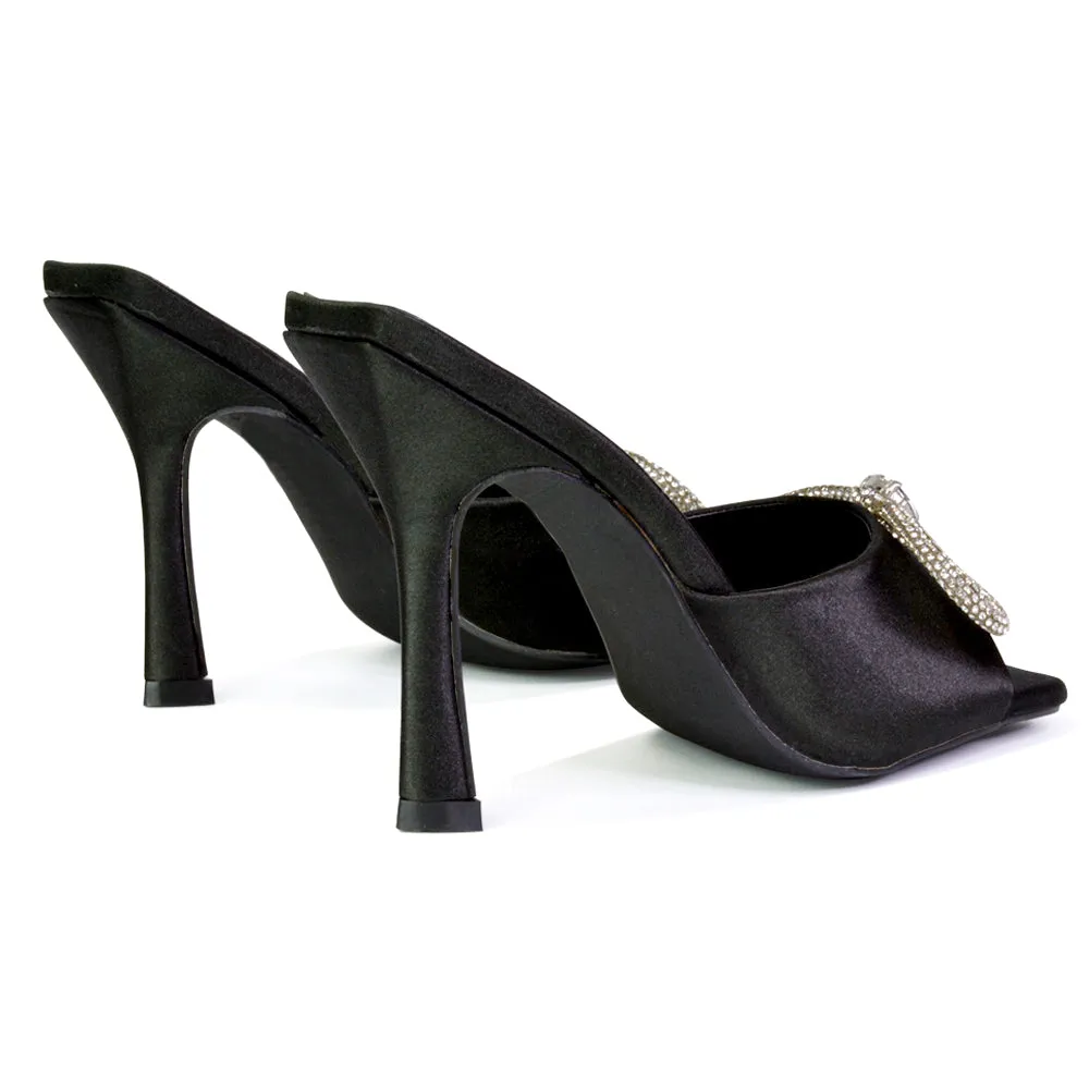 Elsa Diamante Bow Square Toe Stiletto High Heeled Mule Sandals in Black