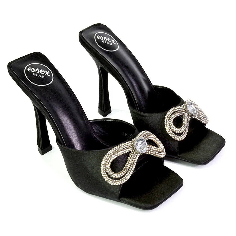 Elsa Diamante Bow Square Toe Stiletto High Heeled Mule Sandals in Black