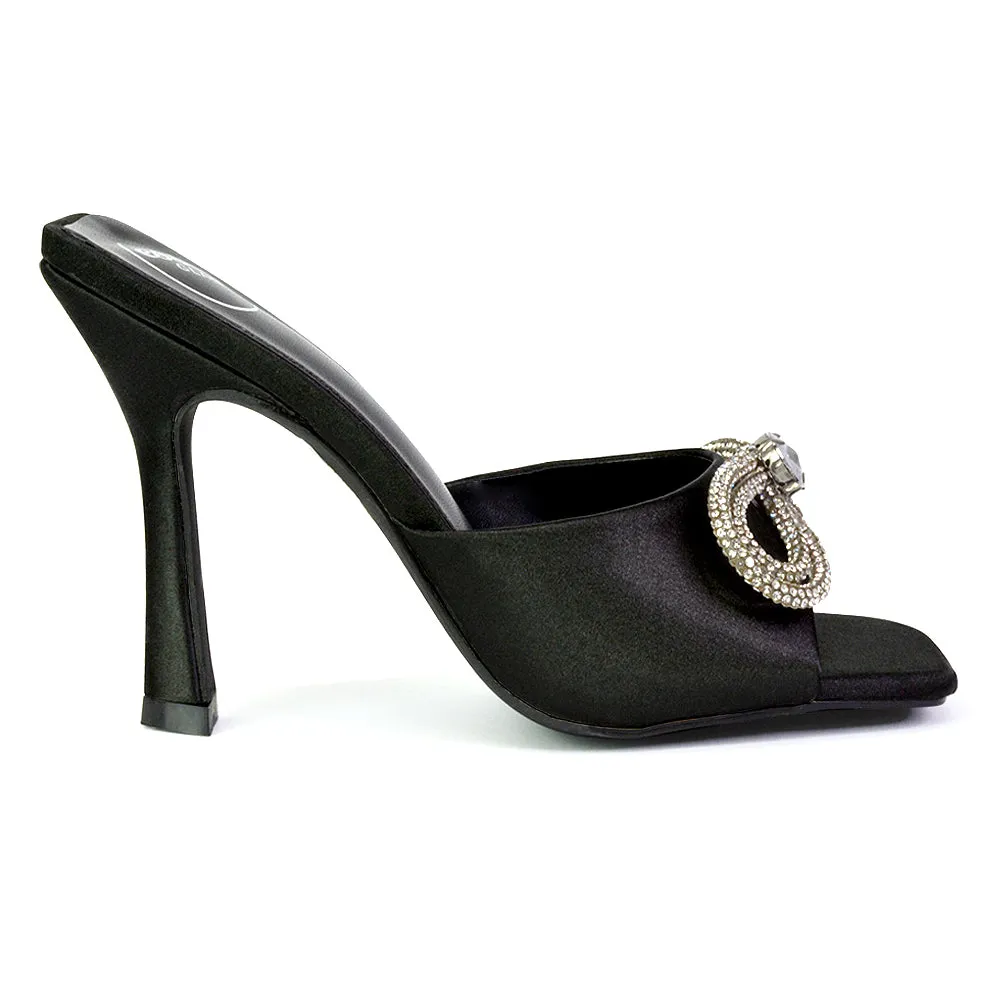 Elsa Diamante Bow Square Toe Stiletto High Heeled Mule Sandals in Black