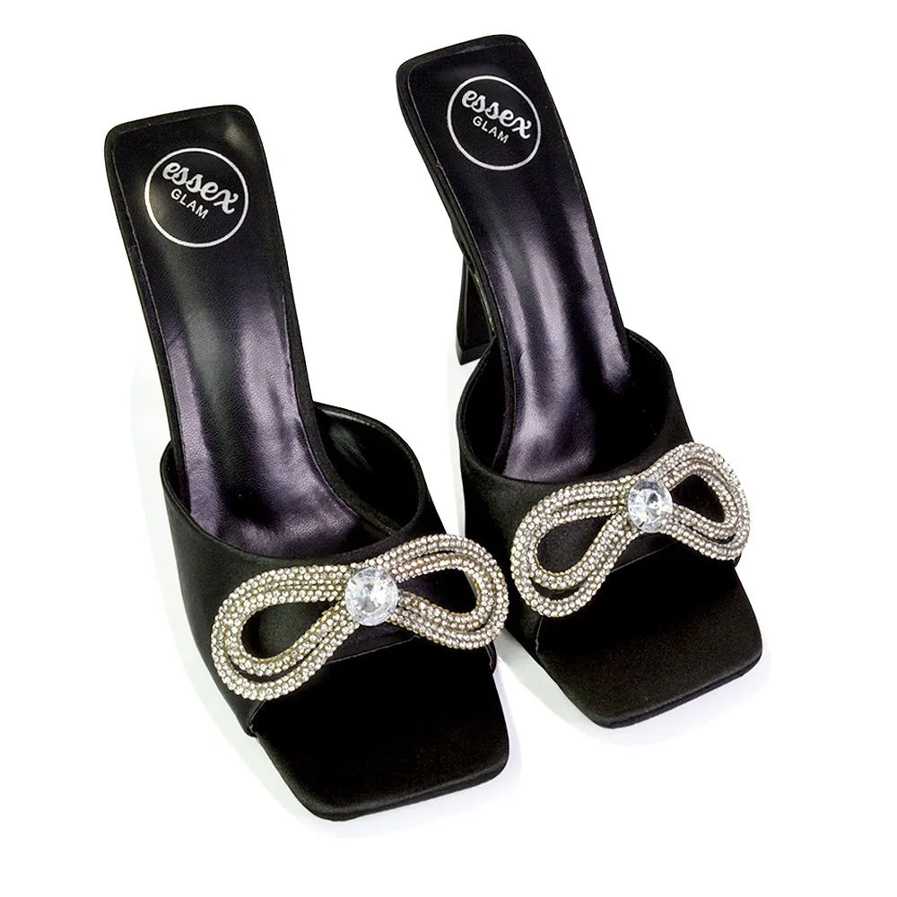 Elsa Diamante Bow Square Toe Stiletto High Heeled Mule Sandals in Black