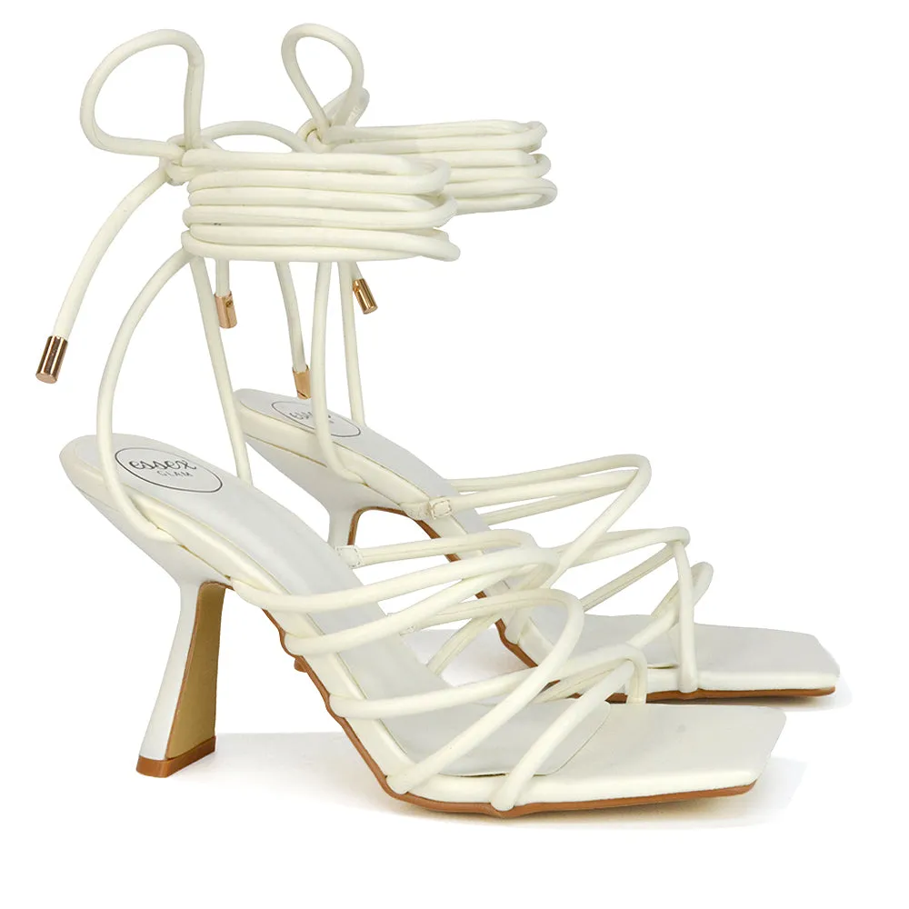 Everlee Strappy Lace Up Thin BlocK Square Toe Heel Sandals in Orange Synthetic Leather