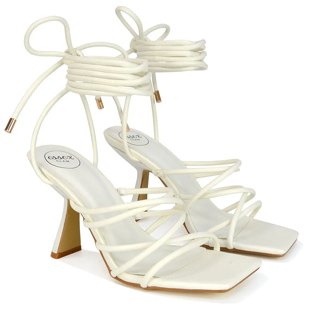 Everlee Strappy Lace Up Thin BlocK Square Toe Heel Sandals in Orange Synthetic Leather