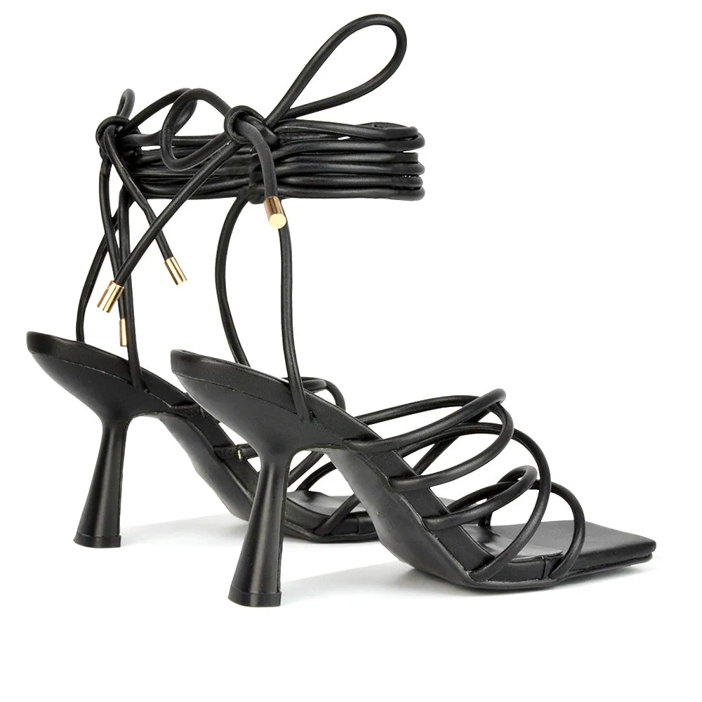 Everlee Strappy Lace Up Thin BlocK Square Toe Heel Sandals in Orange Synthetic Leather