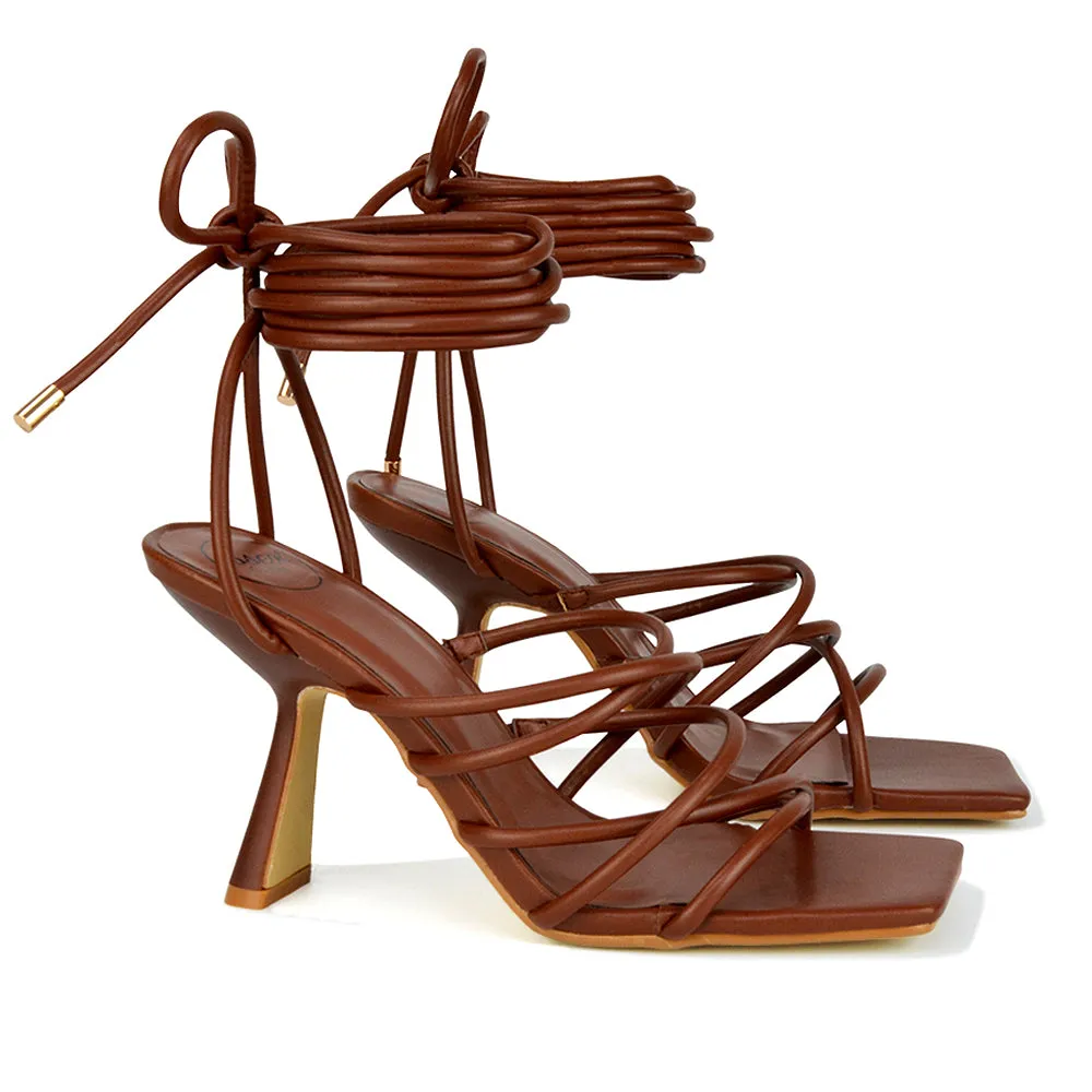 Everlee Strappy Lace Up Thin BlocK Square Toe Heel Sandals in Orange Synthetic Leather