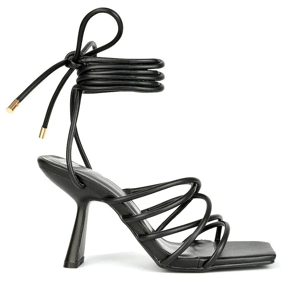 Everlee Strappy Lace Up Thin BlocK Square Toe Heel Sandals in Orange Synthetic Leather