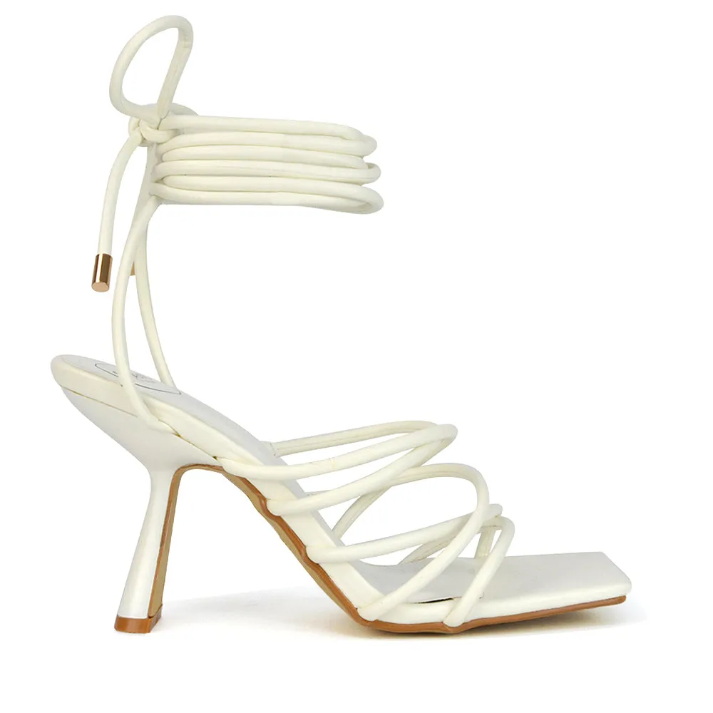 Everlee Strappy Lace Up Thin BlocK Square Toe Heel Sandals in Orange Synthetic Leather