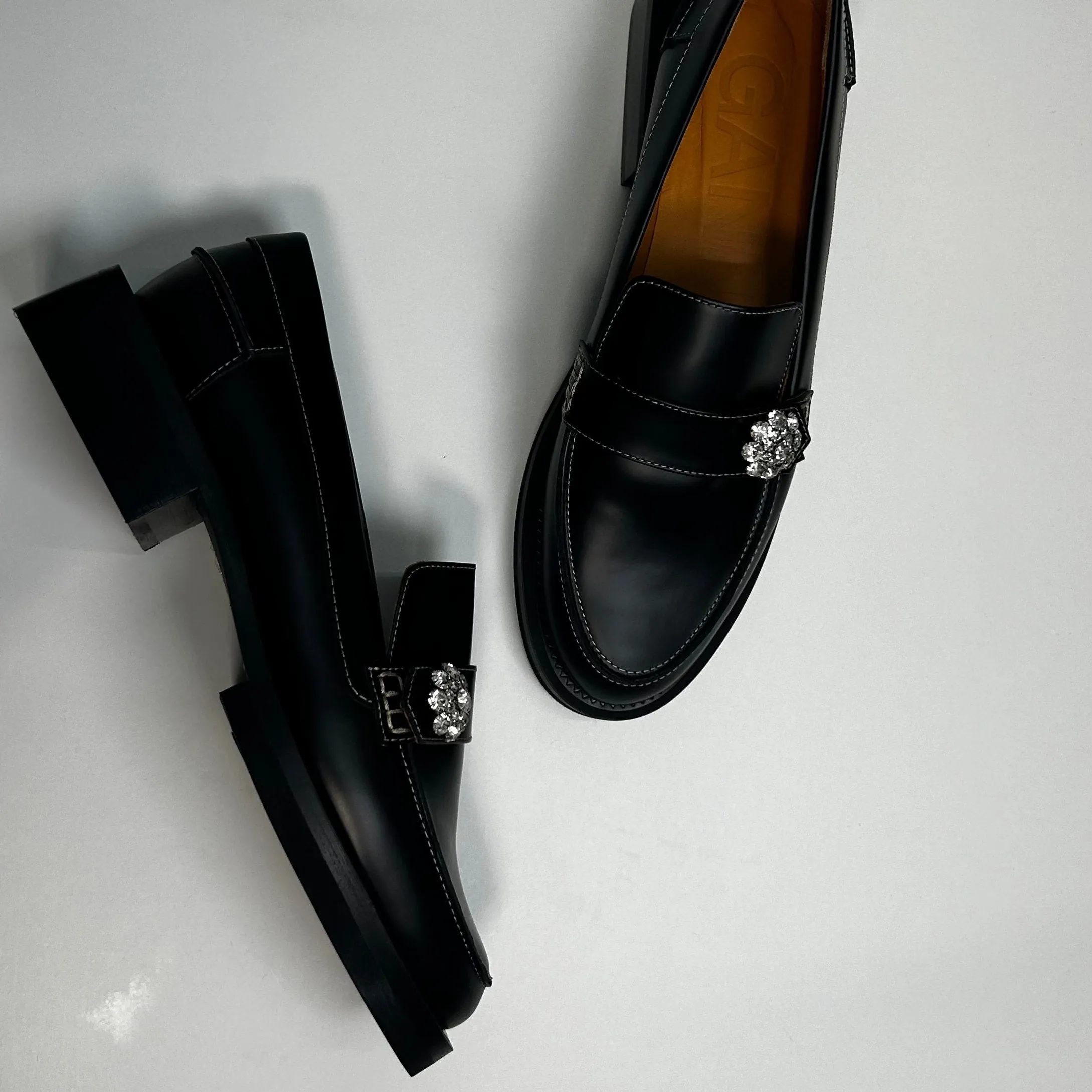 Ganni Black Embellished Leather Loafers
