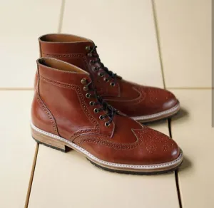 Handmade Men’s Ankle High Leather Boots, Men Brown Wing Tip Brogue Lace Up Boots