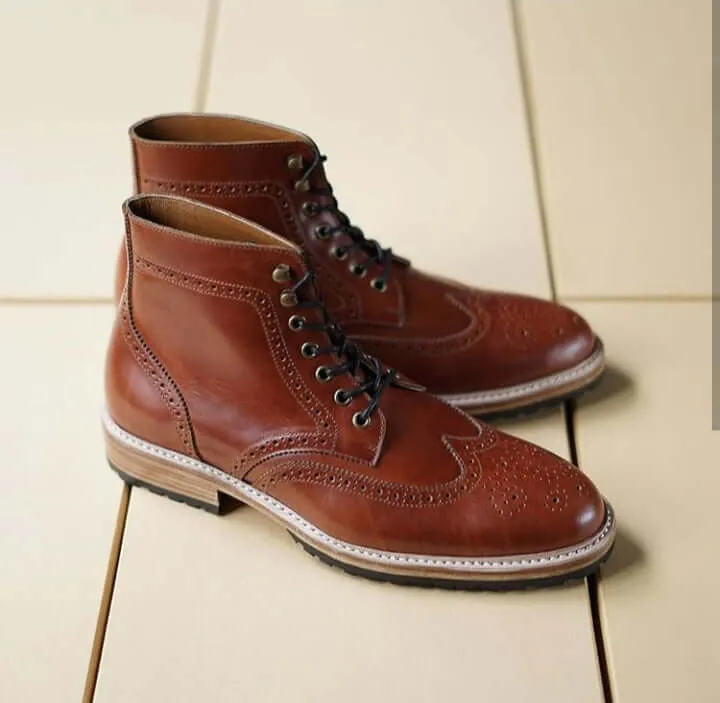 Handmade Men’s Ankle High Leather Boots, Men Brown Wing Tip Brogue Lace Up Boots
