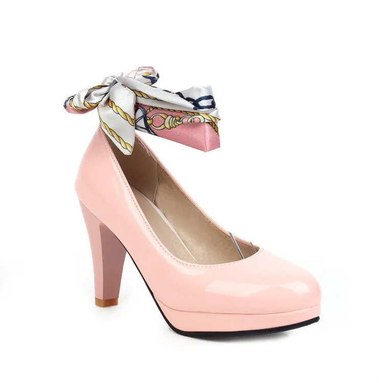 High Heels Single Shoes European and American Simple Round Head Women's Shoes Solid Color Thick Heel Ribbon