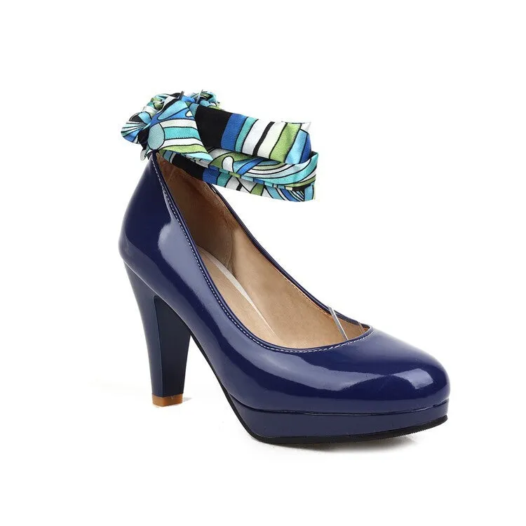 High Heels Single Shoes European and American Simple Round Head Women's Shoes Solid Color Thick Heel Ribbon