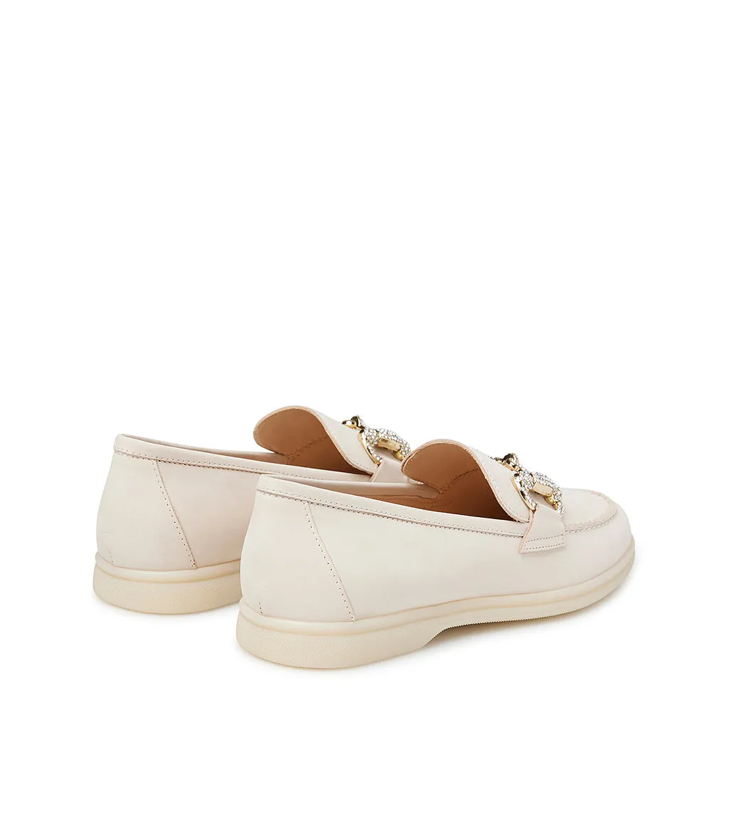 Jewel-buckle pink nubuck leather loafers