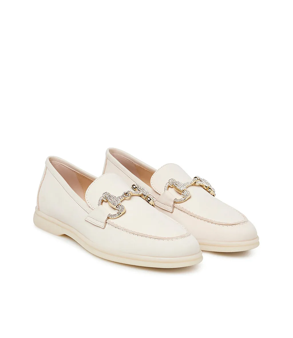 Jewel-buckle pink nubuck leather loafers