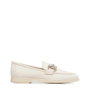 Jewel-buckle pink nubuck leather loafers