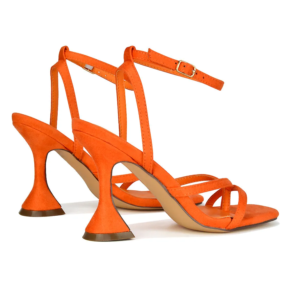 Joni Square Toe Post Block Strappy Sculptured High Heel Sandals in Purple Faux Sued
