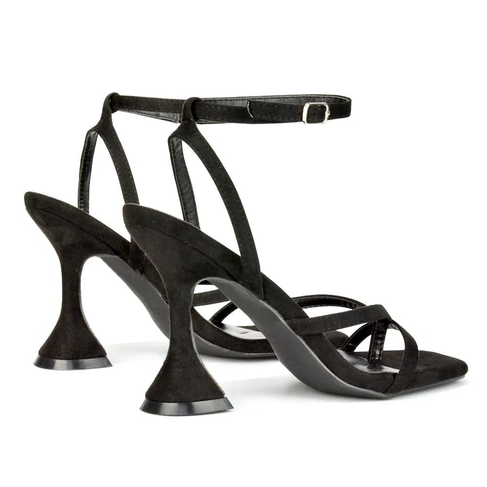 Joni Square Toe Post Block Strappy Sculptured High Heel Sandals in Purple Faux Sued