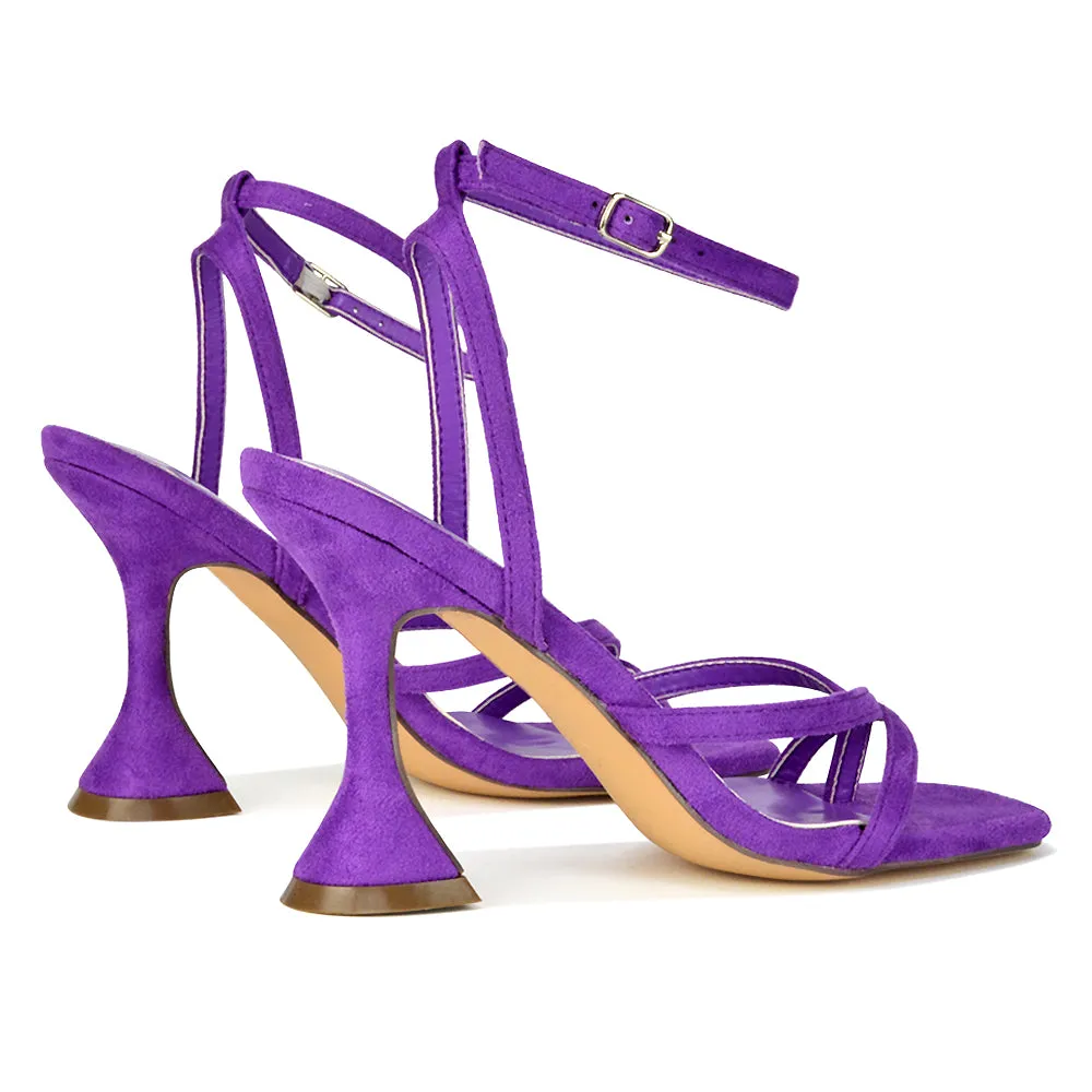 Joni Square Toe Post Block Strappy Sculptured High Heel Sandals in Purple Faux Sued