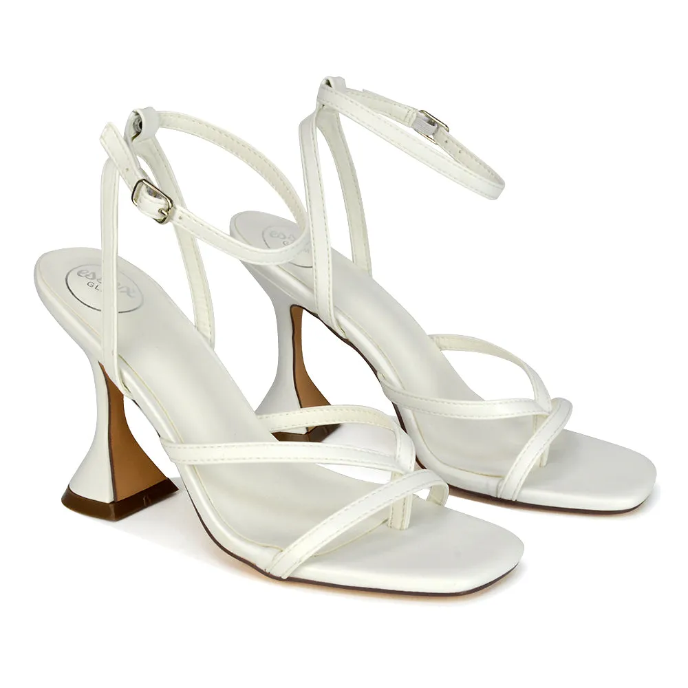 Joni Square Toe Post Block Strappy Sculptured High Heel Sandals in Purple Faux Sued
