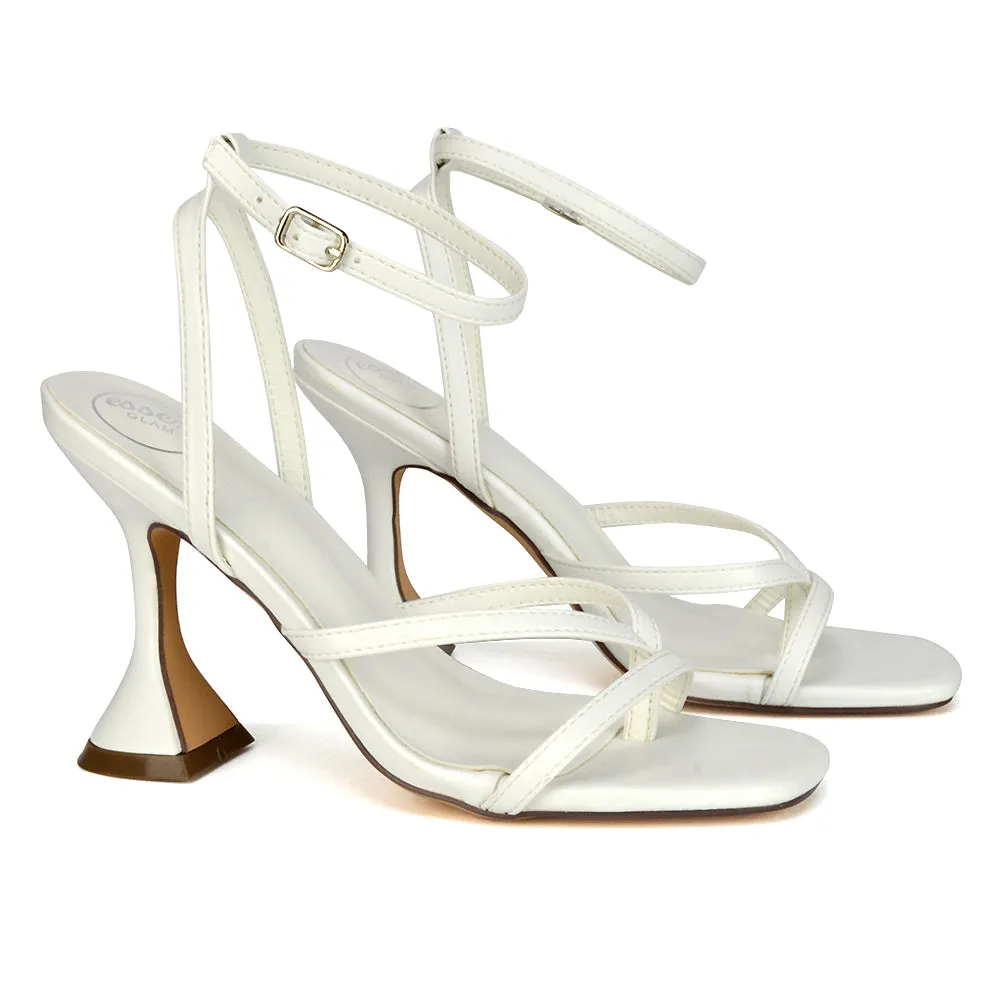 Joni Square Toe Post Block Strappy Sculptured High Heel Sandals in Purple Faux Sued