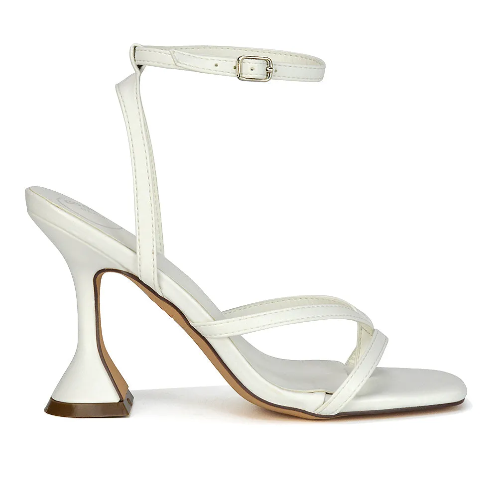 Joni Square Toe Post Block Strappy Sculptured High Heel Sandals in Purple Faux Sued