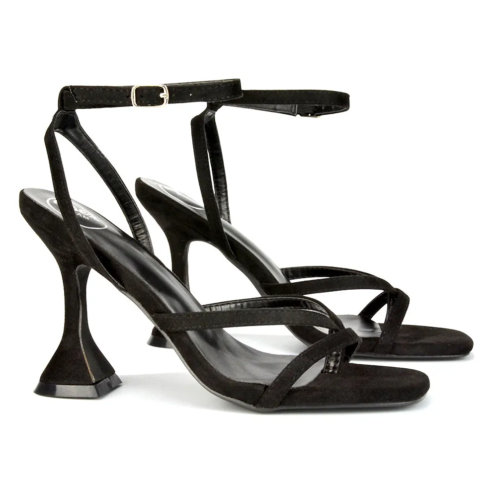 Joni Square Toe Post Block Strappy Sculptured High Heel Sandals in Purple Faux Sued