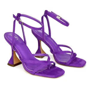 Joni Square Toe Post Block Strappy Sculptured High Heel Sandals in Purple Faux Sued