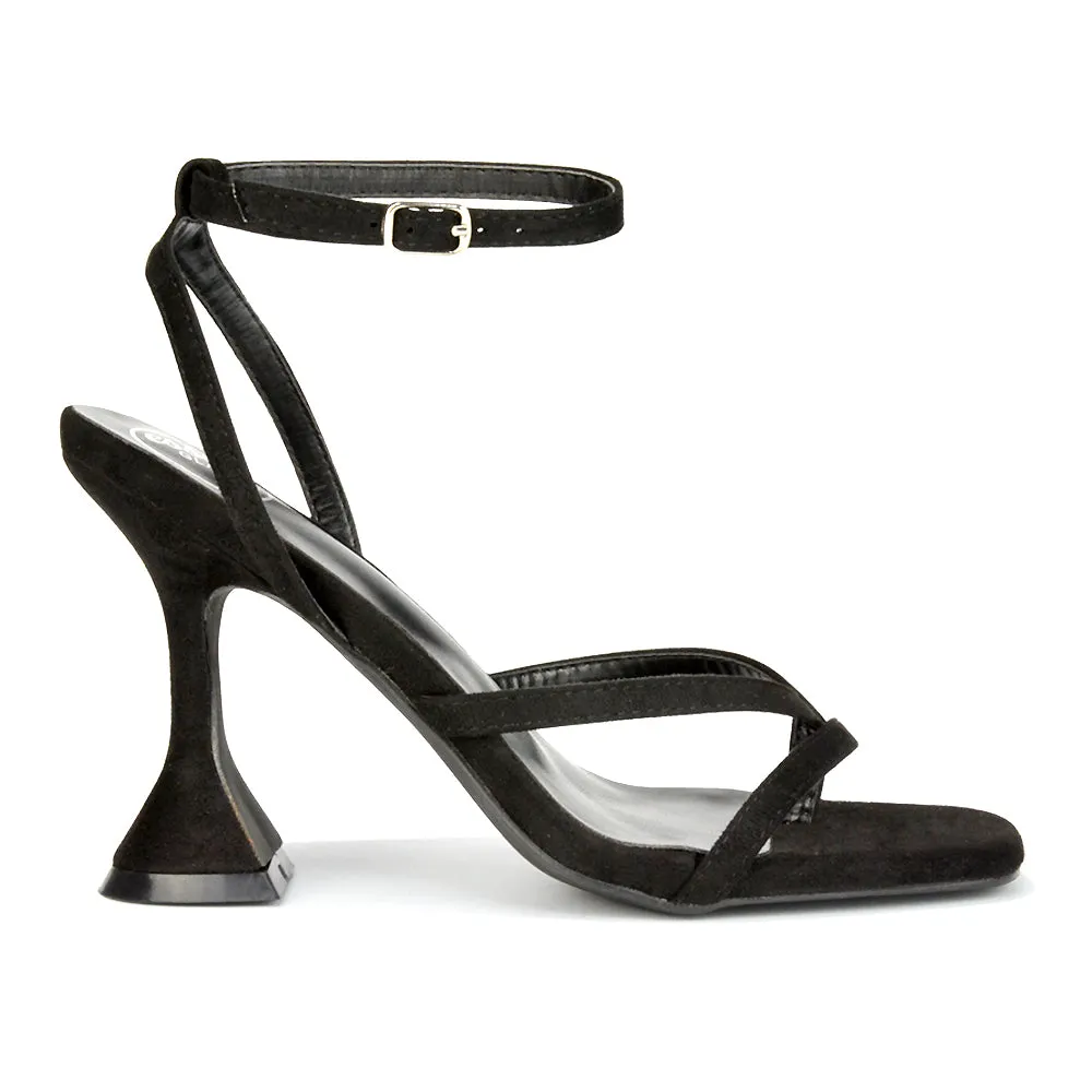 Joni Square Toe Post Block Strappy Sculptured High Heel Sandals in Purple Faux Sued