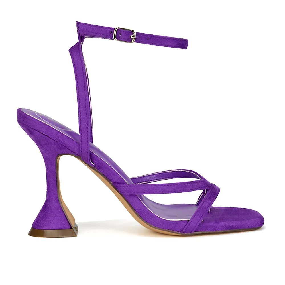 Joni Square Toe Post Block Strappy Sculptured High Heel Sandals in Purple Faux Sued