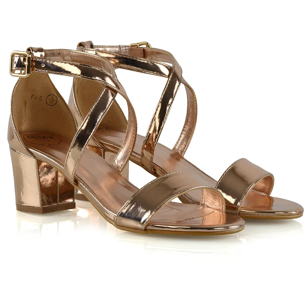 JORDYN CROSS OVER BUCKLE STRAP CHUNKY LOW BLOCK HEELS IN ROSE GOLD