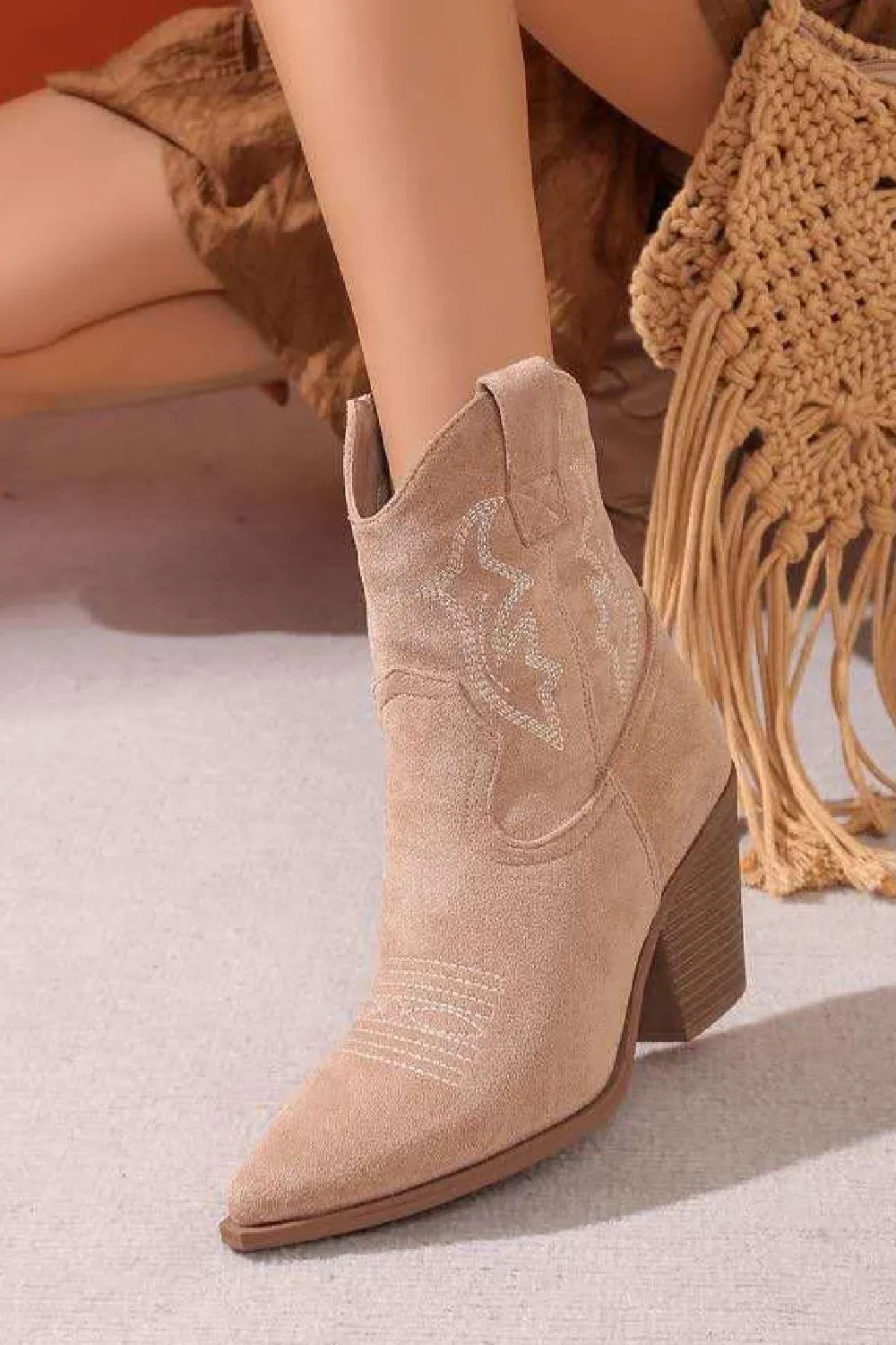 KHAKI EMBROIDERY DETAIL ANKLE HIGH WESTERN COWBOY BOOTS