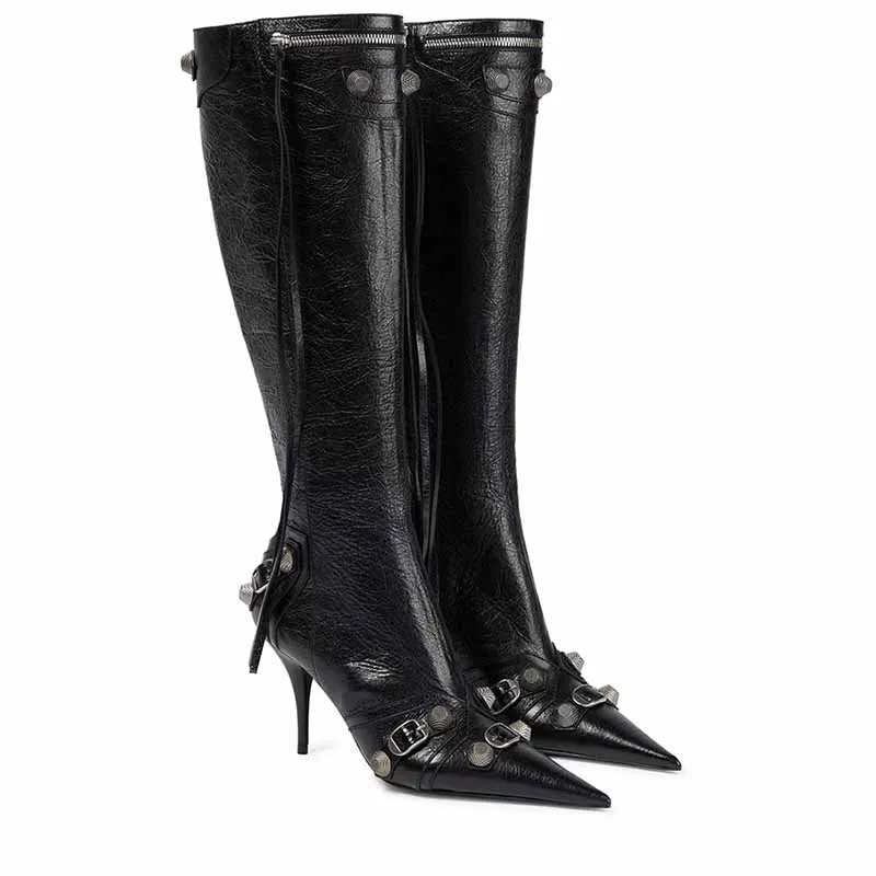 Knee High Pointed Toe Metal Embellished Boots