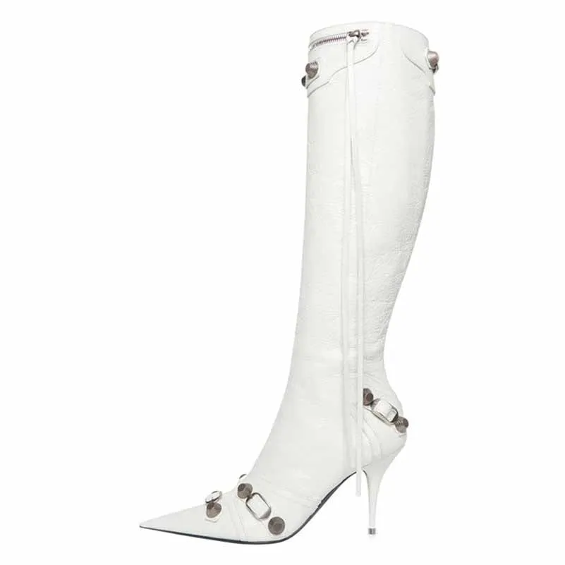 Knee High Pointed Toe Metal Embellished Boots