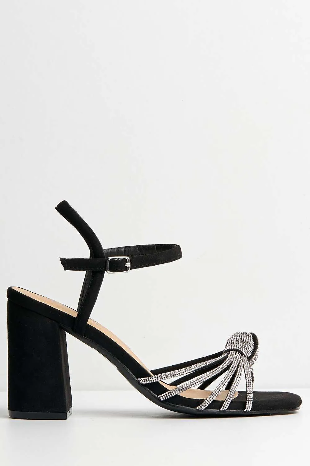Marina Diamante Embellished Knot Band Sandal in Black Suede
