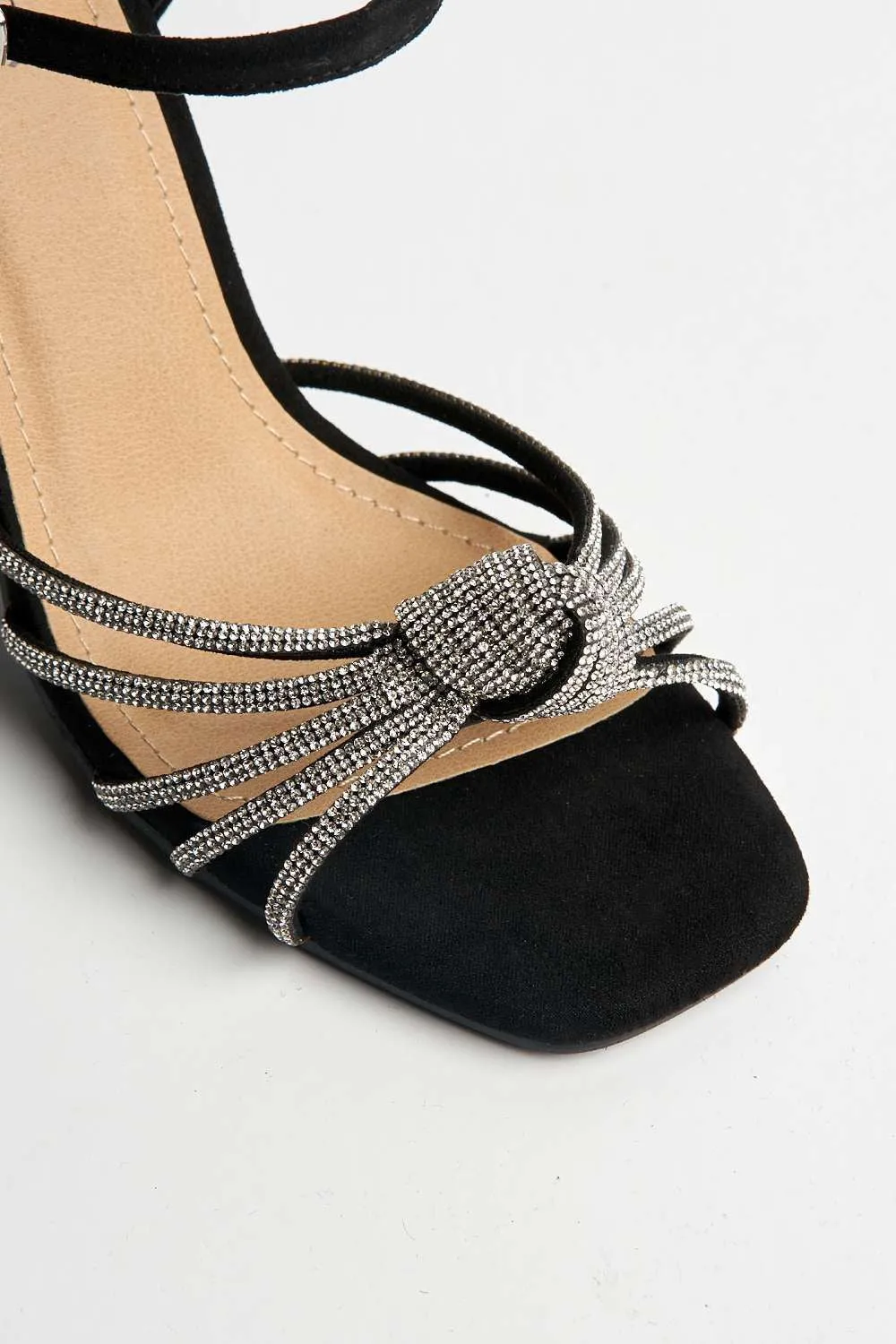 Marina Diamante Embellished Knot Band Sandal in Black Suede