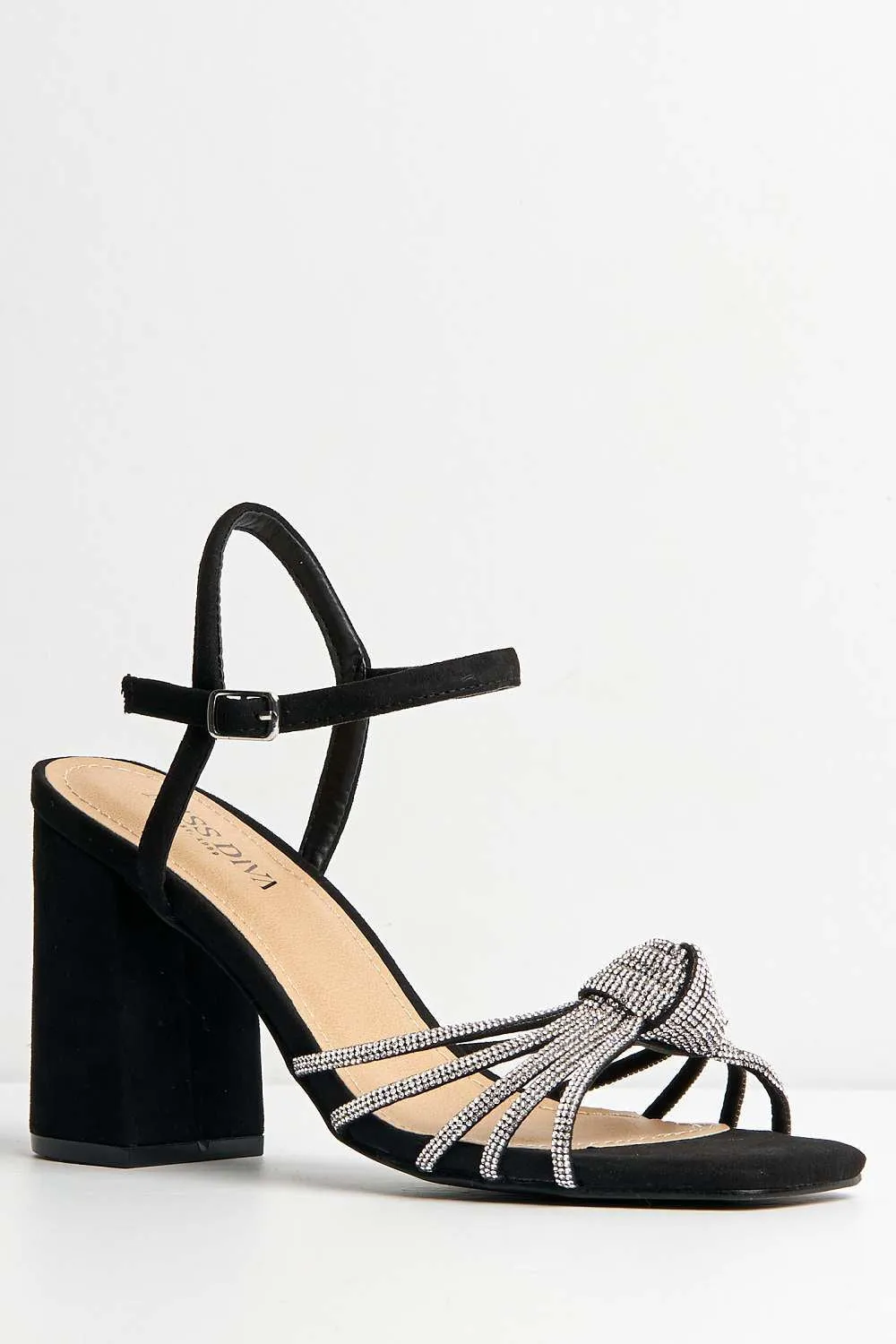 Marina Diamante Embellished Knot Band Sandal in Black Suede