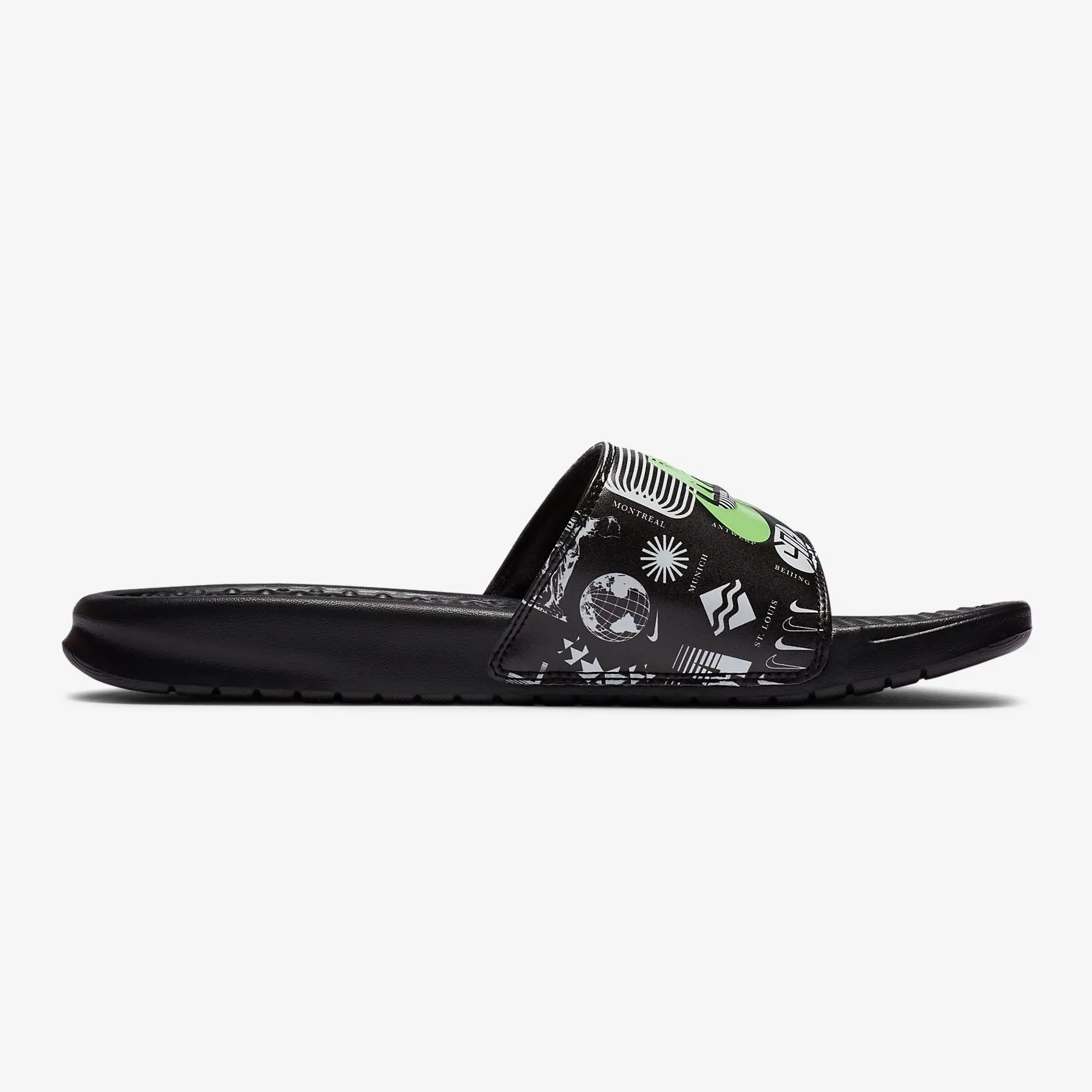 Men's Nike Benassi JDI Slides "Worldwide" (Black/White/Green Strike)(631261-042)