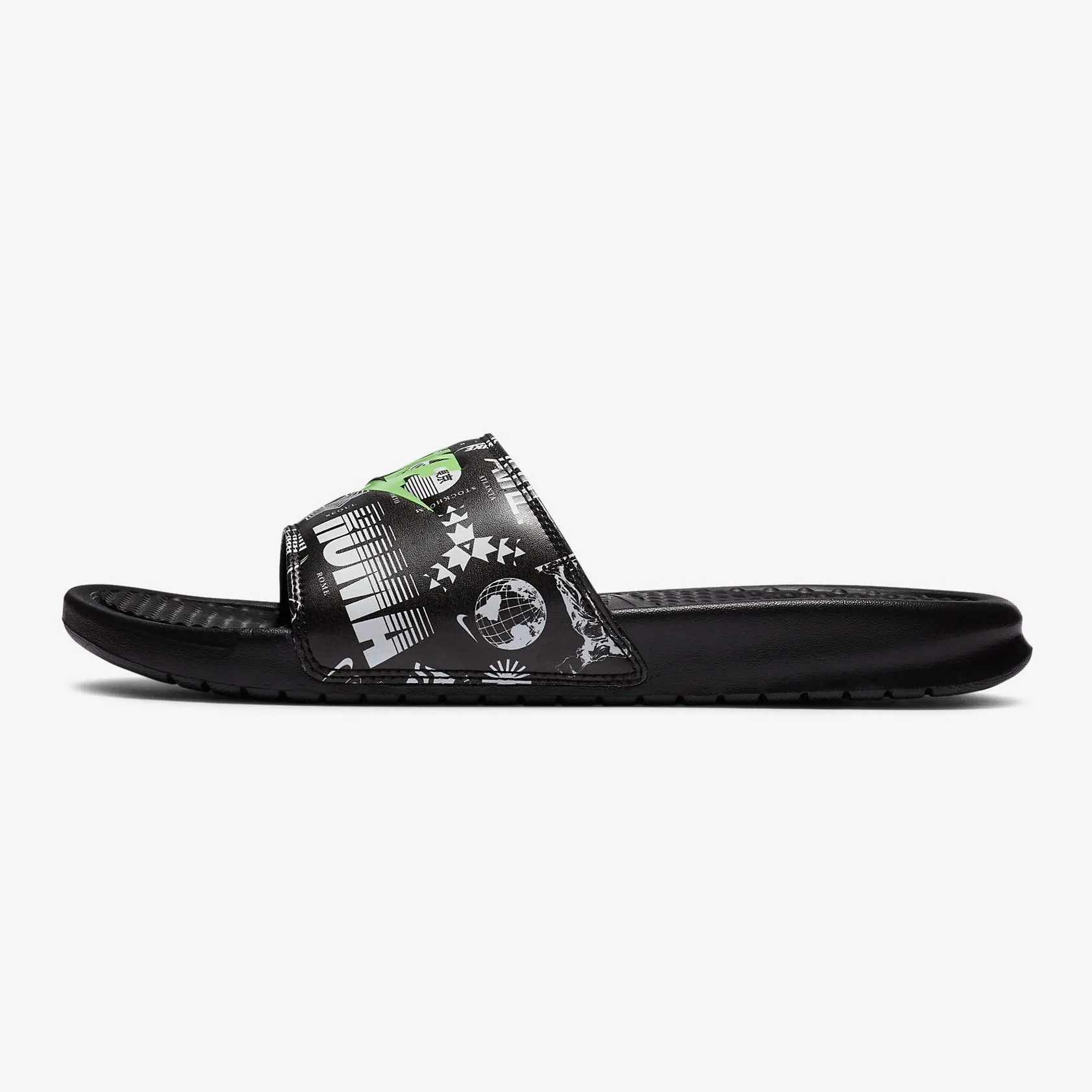 Men's Nike Benassi JDI Slides "Worldwide" (Black/White/Green Strike)(631261-042)