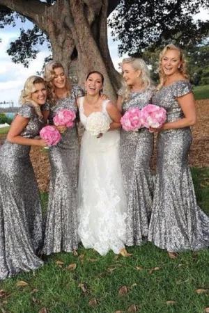 Mermaid Crew Sweep Train Cap Sleeves Silver Sequined Bridesmaid Dress AHC607