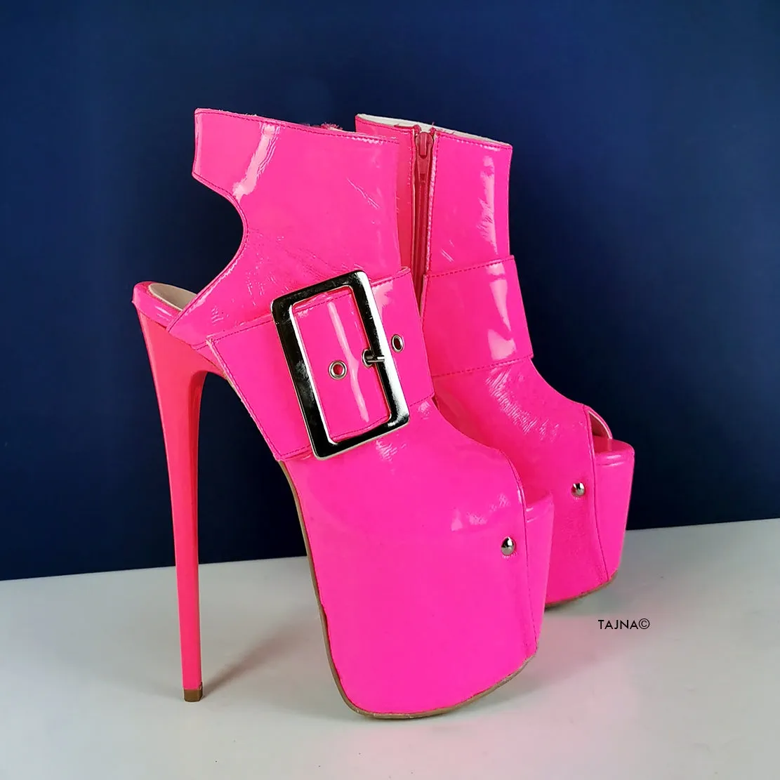 Neon Pink Patent Belted Ankle Heels