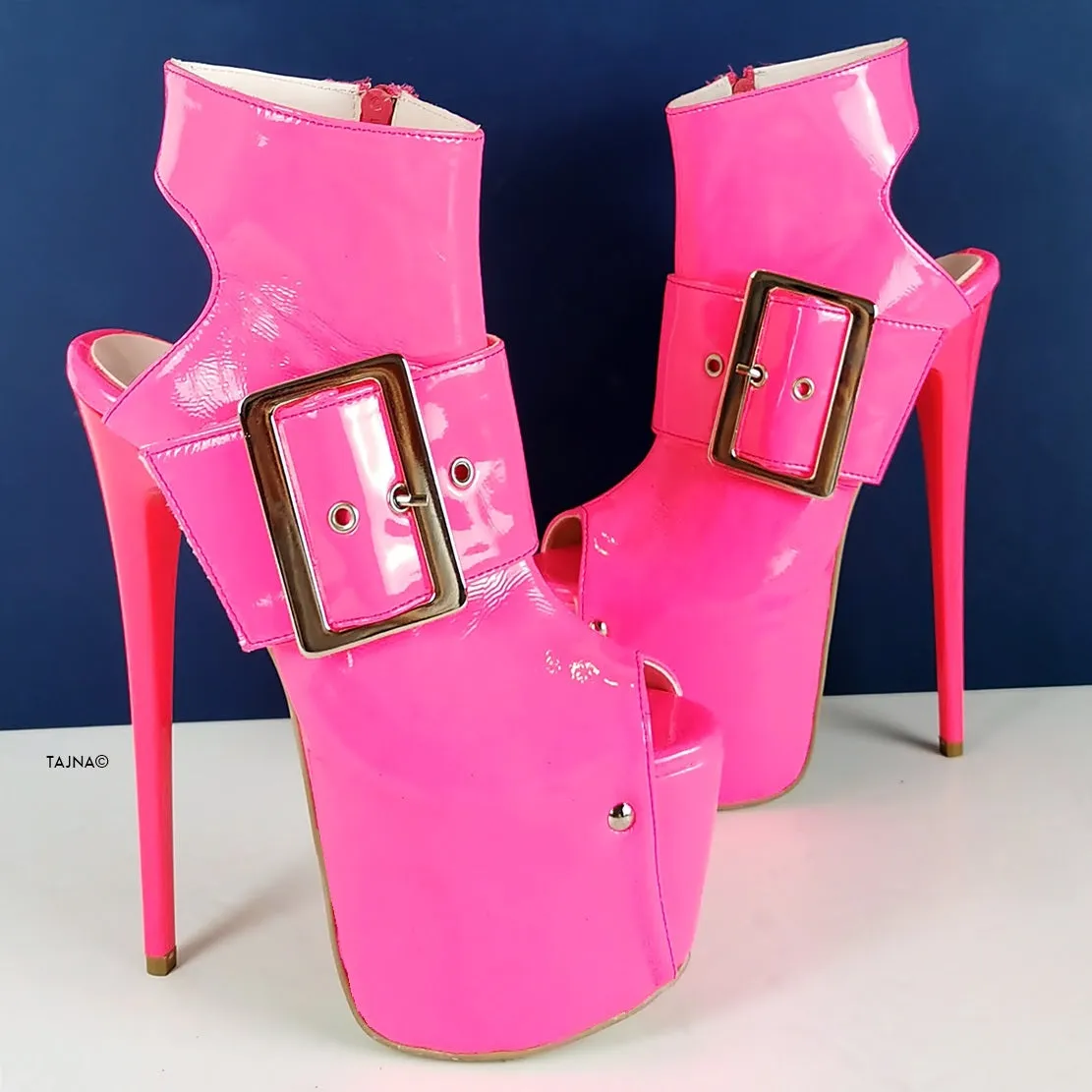 Neon Pink Patent Belted Ankle Heels