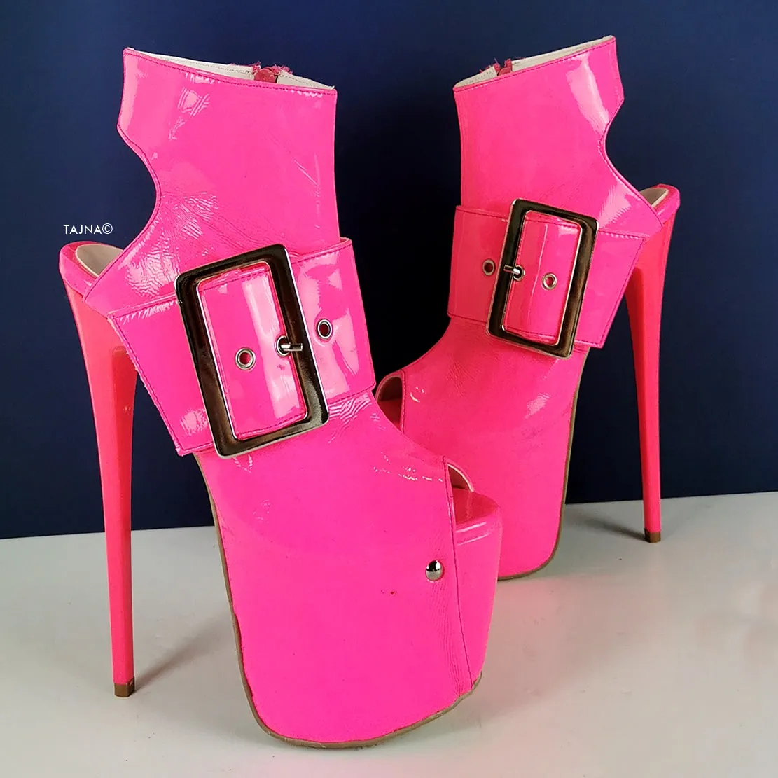 Neon Pink Patent Belted Ankle Heels