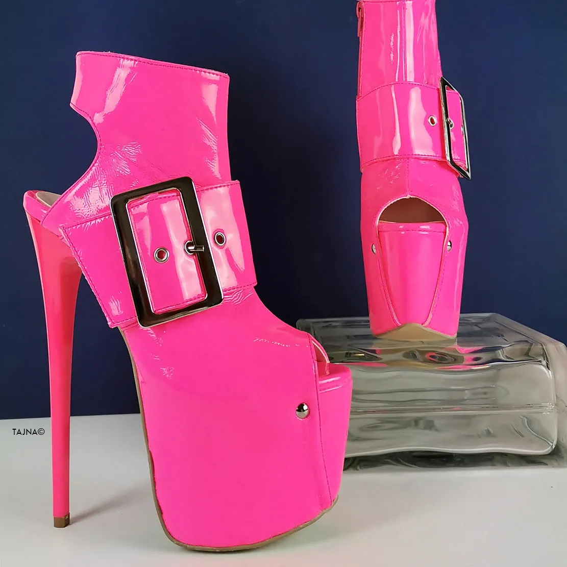 Neon Pink Patent Belted Ankle Heels