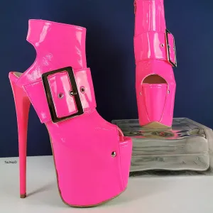 Neon Pink Patent Belted Ankle Heels