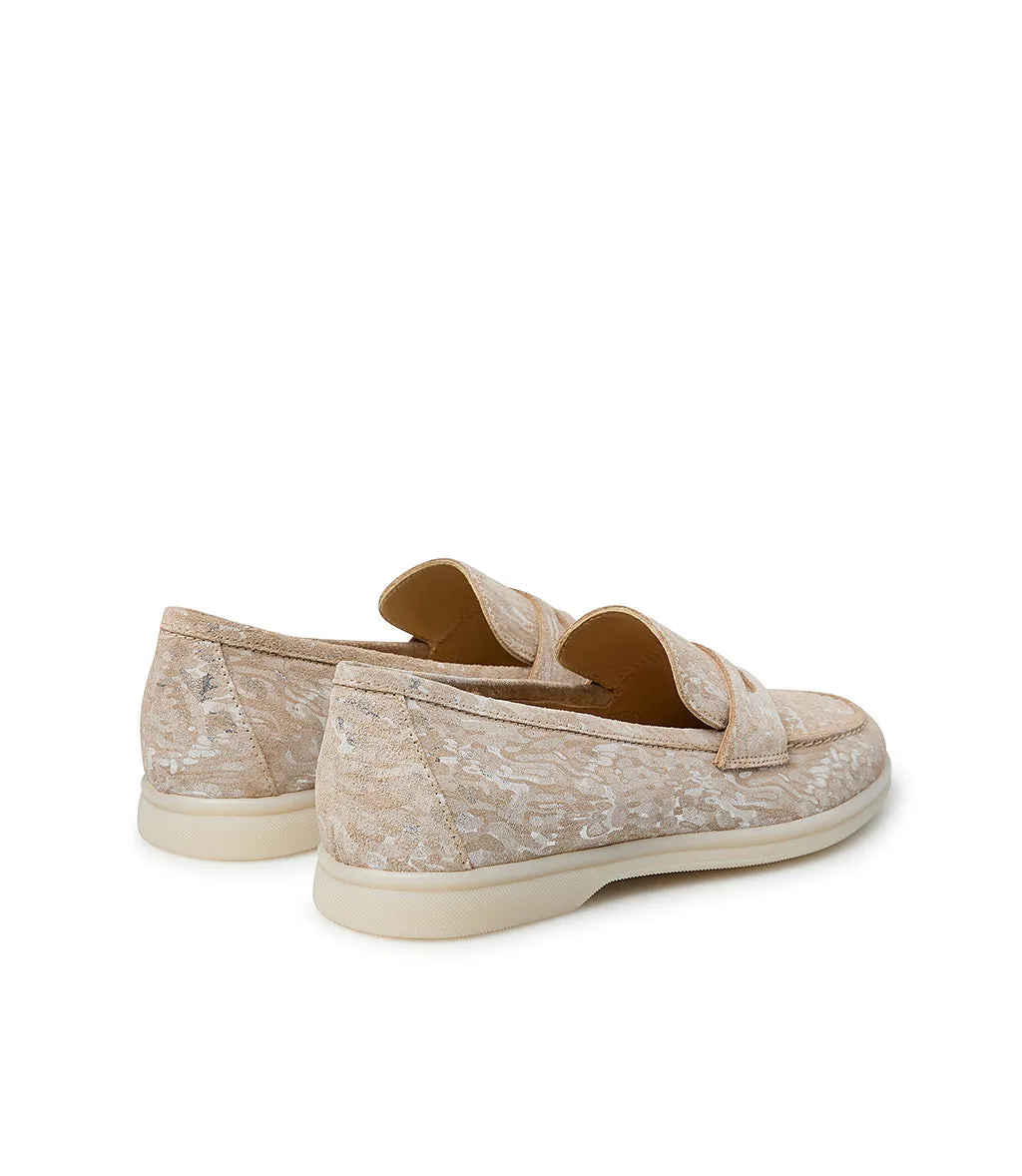 Nude and silver embossed suede loafers